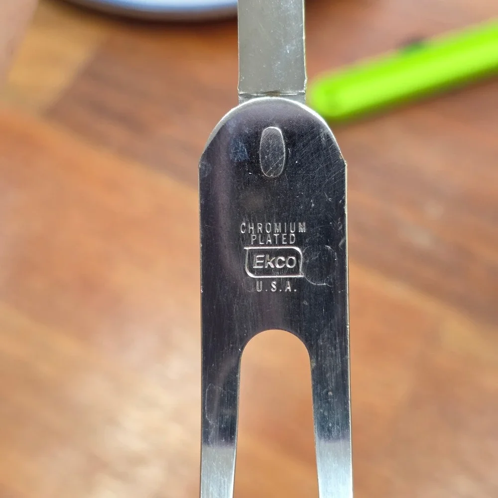 Vintage Ekco Meat Carving Fork Chromium Plated USA Green White Handle Retro MCM